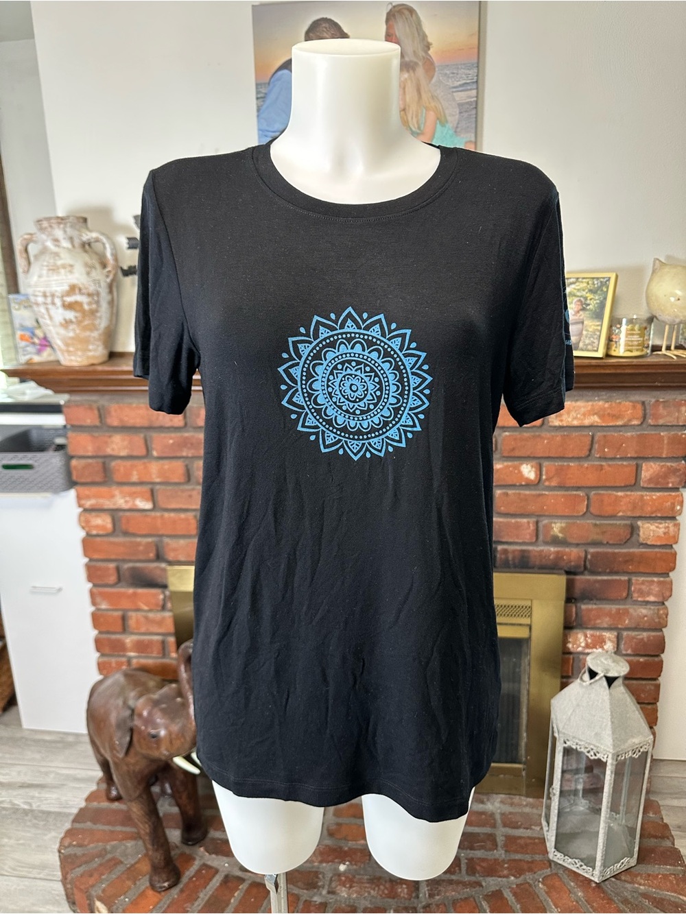 Black Tantris Tee with Blue Mandala Graphic -small